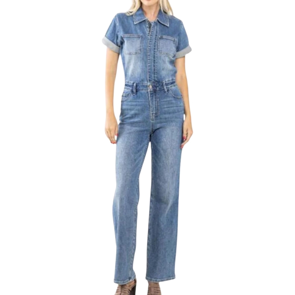 Judy Blue High Waisted Short Sleeve Denim Jumpsuit Coverall, Size XL, NWT